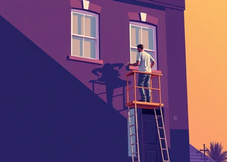 Peintre sur échafaudage traitant la façade d'une maison
